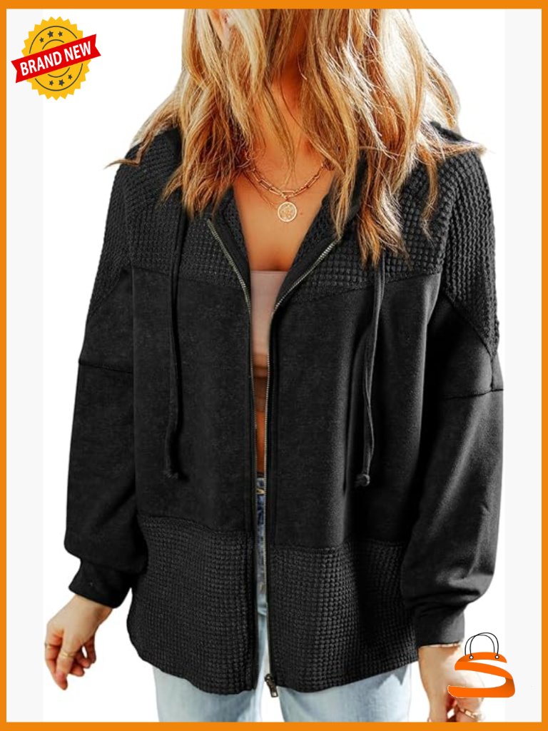 Waffle Knit Zip Up Hoodie Jacket Casual Fall Lightweight
